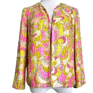 Vintage 60s Mignon Psychedelic Neon Pink, Green, White Beaded Sequined Cardigan